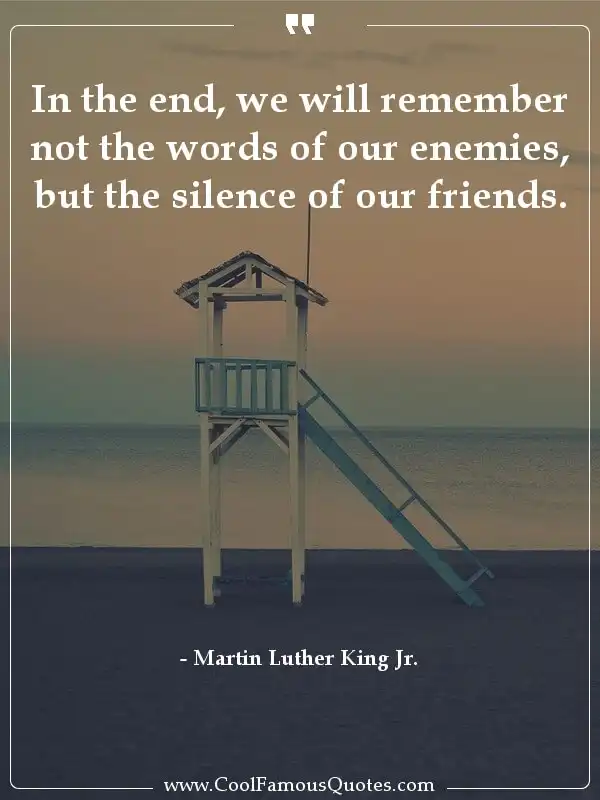 In the end, we will remember not the words of... inspirational quotes - Image for quote : In the end, we will remember not the words of our enemies, but the silence of our friends.